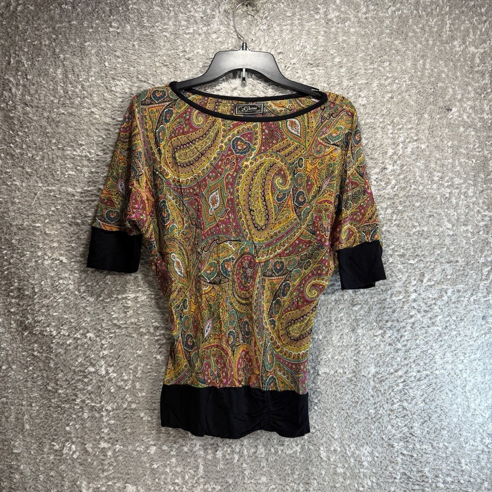 Vtg Y2K Guess Colorful Paisley Silk Dolman Banded Waist Top Fairy Boho Artsy XS